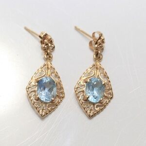 Vintage 14K Gold Blue Stone Filigree Drop Earrings 1960s